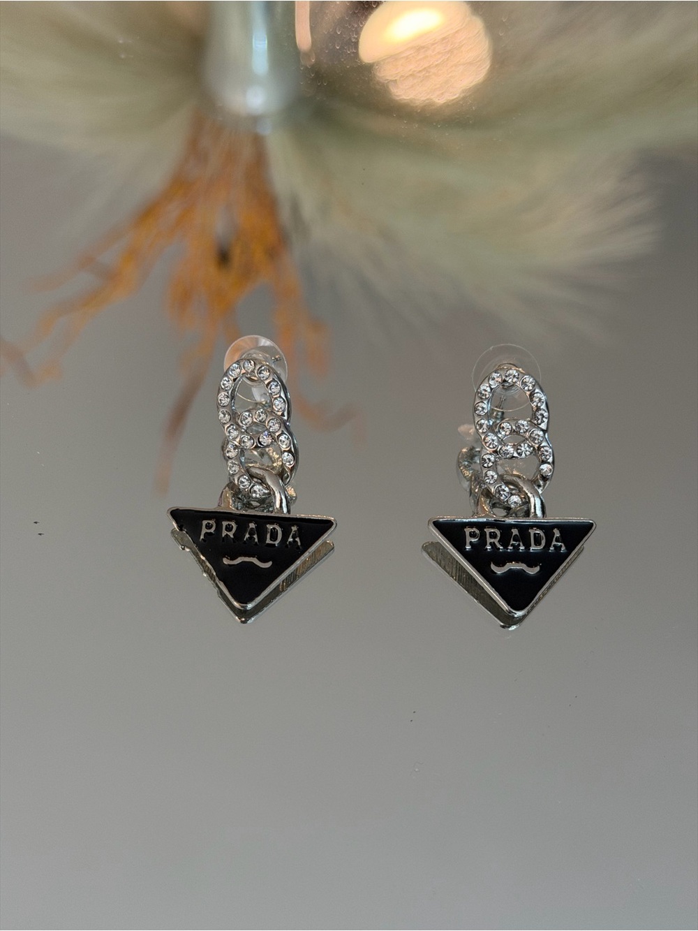 No brand Black and Silver Crystal Triangle Logo Drop Earrings